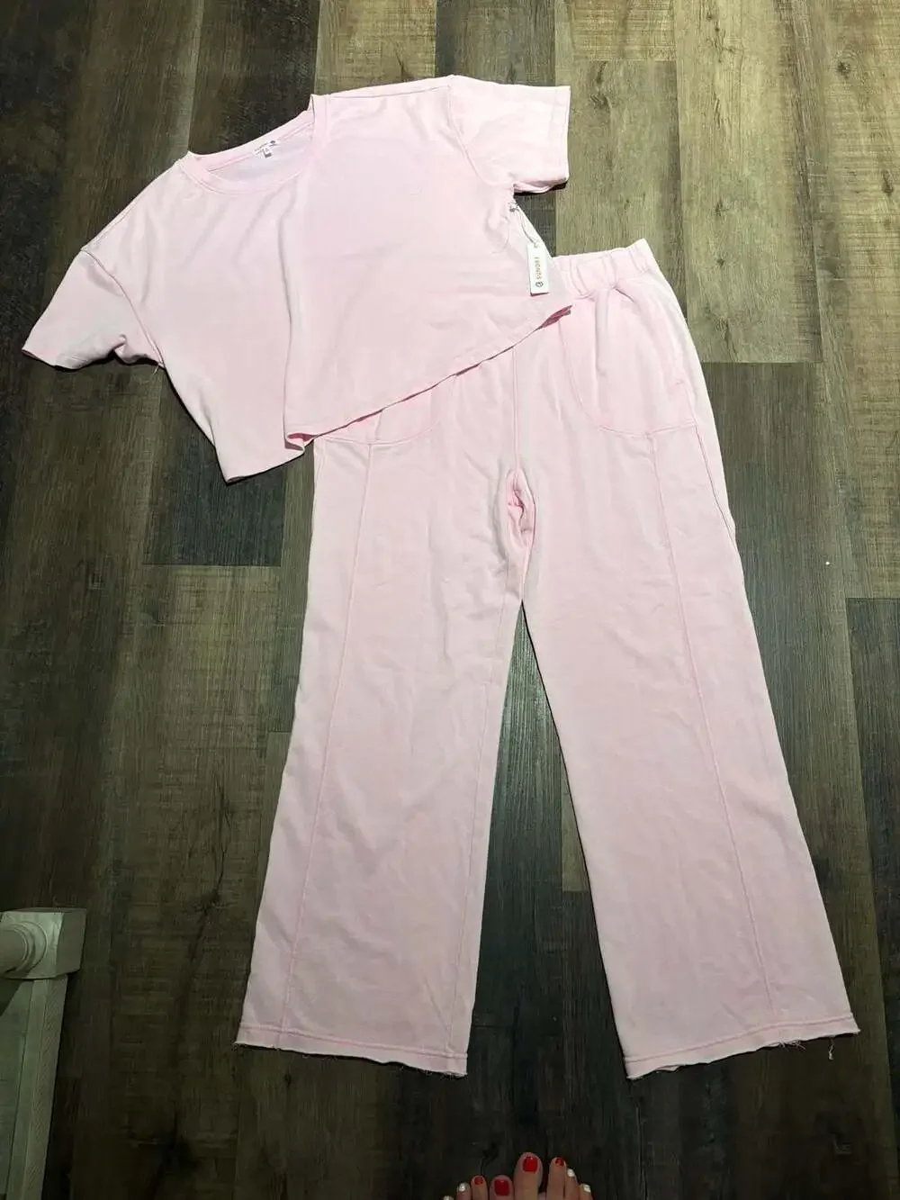 Sundry Women's Boxy Crop T-Shirt and Wide Leg Lounge Pant Set in Pink